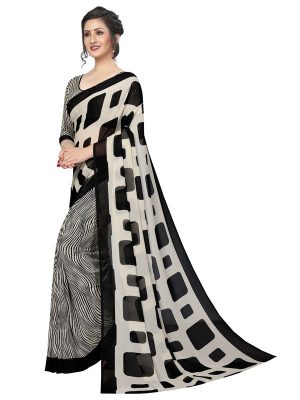 Milky Bar White Printed Georgette Sarees With Blouse