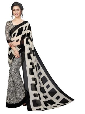 Milky Bar White Printed Georgette Sarees With Blouse