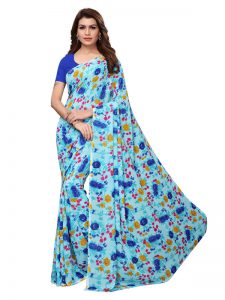 Multi Blue Printed Georgette Sarees With Blouse