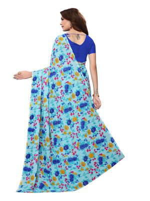 Multi Blue Printed Georgette Sarees With Blouse