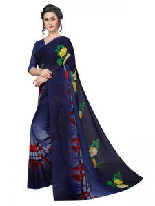 Skoda Navy Printed Georgette Sarees With Blouse