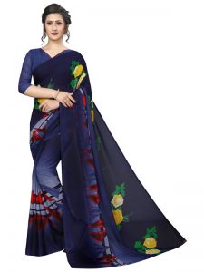 Skoda Navy Printed Georgette Sarees With Blouse