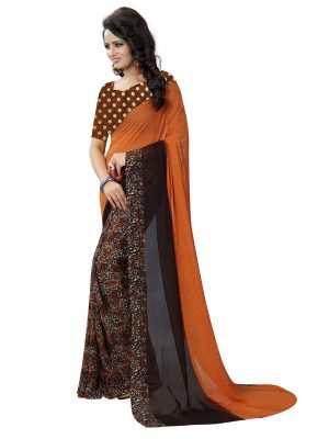 Trump Orange Printed Georgette Sarees With Blouse