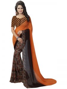 Trump Orange Printed Georgette Sarees With Blouse