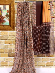 Trump Orange Printed Georgette Sarees With Blouse