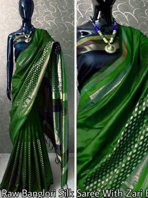 Banglori Butti Green Printed Jaquard Raw Silk Sarees With Blouse