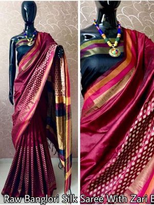 Banglori Butti Pink Printed Jaquard Raw Silk Sarees With Blouse