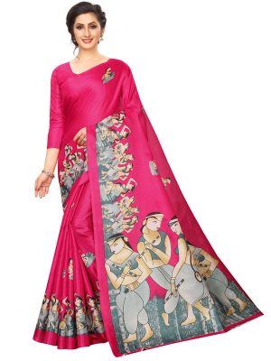 Ajanta Pink Khadi Silk Printed Kalamkaari Sarees With Blouse