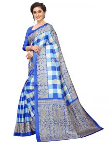 Amaze Blue Khadi Silk Printed Kalamkaari Sarees With Blouse