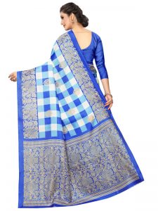 Amaze Blue Khadi Silk Printed Kalamkaari Sarees With Blouse