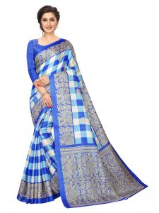 Amaze Blue Khadi Silk Printed Kalamkaari Sarees With Blouse