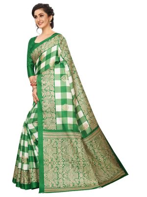 Amaze Green Khadi Silk Printed Kalamkaari Sarees With Blouse