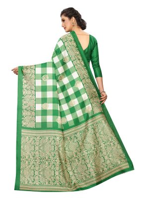 Amaze Green Khadi Silk Printed Kalamkaari Sarees With Blouse