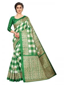 Amaze Green Khadi Silk Printed Kalamkaari Sarees With Blouse