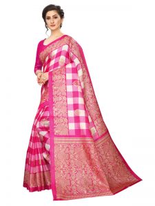 Amaze Pink Khadi Silk Printed Kalamkaari Sarees With Blouse