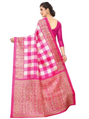 Amaze Pink Khadi Silk Printed Kalamkaari Sarees With Blouse