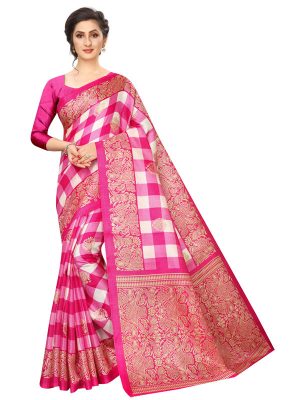 Amaze Pink Khadi Silk Printed Kalamkaari Sarees With Blouse