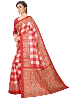 Amaze Red Khadi Silk Printed Kalamkaari Sarees With Blouse