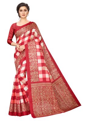 Amaze Red Khadi Silk Printed Kalamkaari Sarees With Blouse