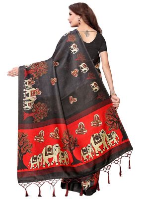 Baraat Black Khadi Silk Printed Kalamkaari Sarees With Blouse