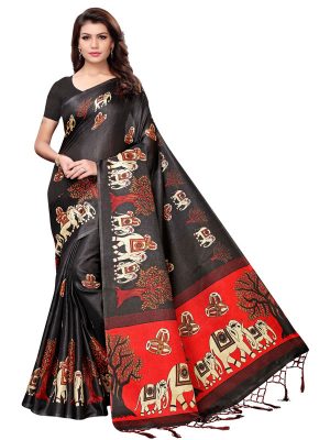 Baraat Black Khadi Silk Printed Kalamkaari Sarees With Blouse