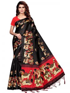 Camel Black Khadi Silk Printed Kalamkaari Sarees With Blouse