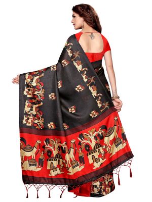 Camel Black Khadi Silk Printed Kalamkaari Sarees With Blouse