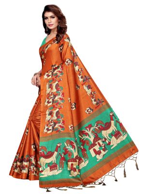 Camel Orange Khadi Silk Printed Kalamkaari Sarees With Blouse