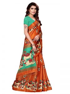 Camel Orange Khadi Silk Printed Kalamkaari Sarees With Blouse