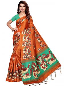 Camel Orange Khadi Silk Printed Kalamkaari Sarees With Blouse