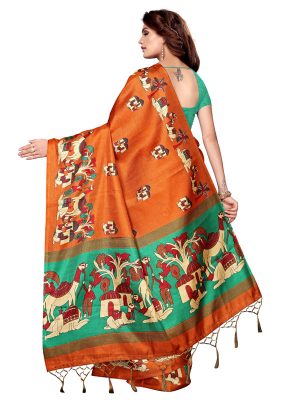 Camel Orange Khadi Silk Printed Kalamkaari Sarees With Blouse