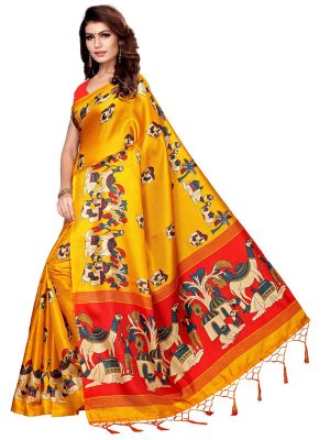 Camel Yellow Khadi Silk Printed Kalamkaari Sarees With Blouse