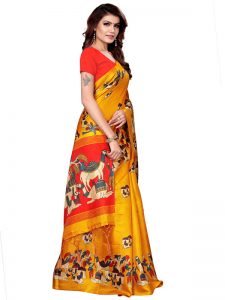 Camel Yellow Khadi Silk Printed Kalamkaari Sarees With Blouse