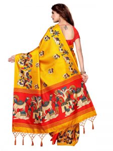 Camel Yellow Khadi Silk Printed Kalamkaari Sarees With Blouse