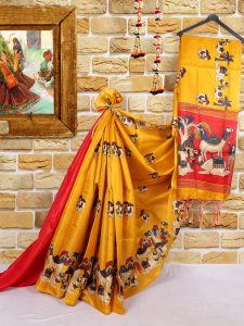 Camel Yellow Khadi Silk Printed Kalamkaari Sarees With Blouse