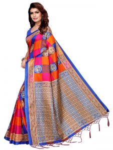 Checks Mor Blue Khadi Silk Printed Kalamkaari Sarees With Blouse