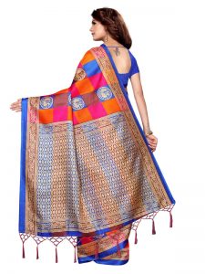 Checks Mor Blue Khadi Silk Printed Kalamkaari Sarees With Blouse