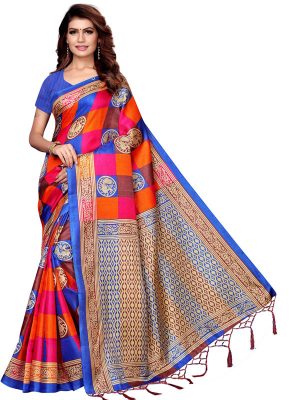 Checks Mor Blue Khadi Silk Printed Kalamkaari Sarees With Blouse