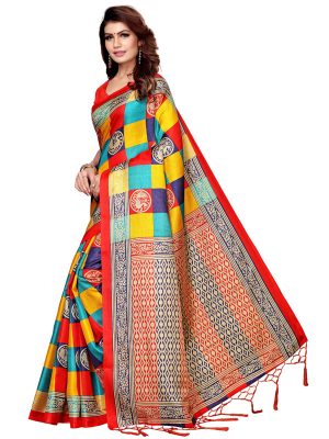 Checks Mor Red Khadi Silk Printed Kalamkaari Sarees With Blouse