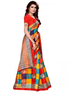 Checks Mor Red Khadi Silk Printed Kalamkaari Sarees With Blouse