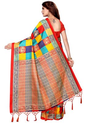 Checks Mor Red Khadi Silk Printed Kalamkaari Sarees With Blouse