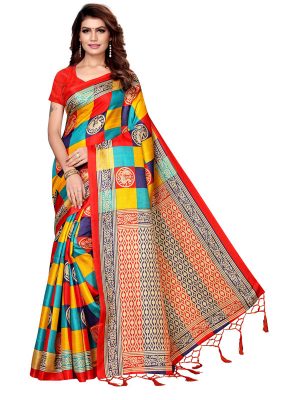 Checks Mor Red Khadi Silk Printed Kalamkaari Sarees With Blouse