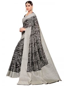 Chetak Black Khadi Silk Printed Kalamkaari Sarees With Blouse