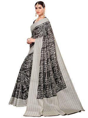 Chetak Black Khadi Silk Printed Kalamkaari Sarees With Blouse