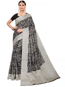 Chetak Black Khadi Silk Printed Kalamkaari Sarees With Blouse