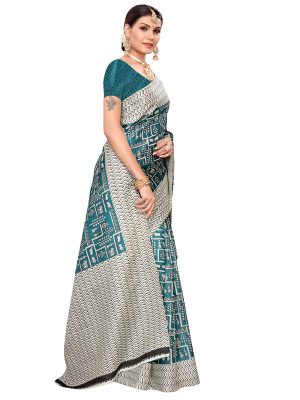 Chetak Green Khadi Silk Printed Kalamkaari Sarees With Blouse