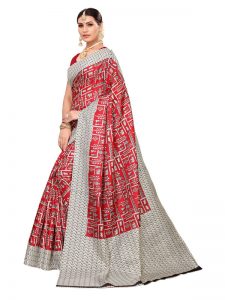 Chetak Red Khadi Silk Printed Kalamkaari Sarees With Blouse