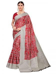 Chetak Red Khadi Silk Printed Kalamkaari Sarees With Blouse