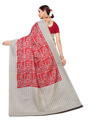 Chetak Red Khadi Silk Printed Kalamkaari Sarees With Blouse