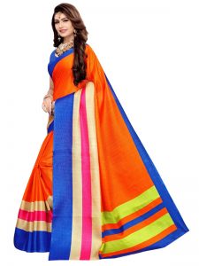 Classic Orange Khadi Silk Printed Kalamkaari Sarees With Blouse